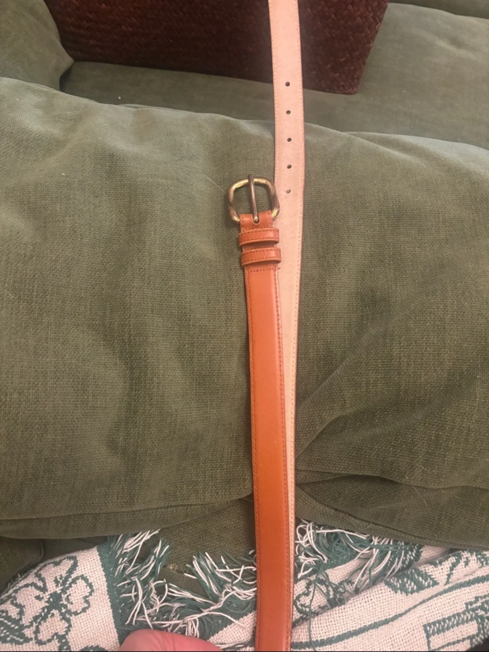 Men's Slim Tan Leather Belt with Brass Buckle